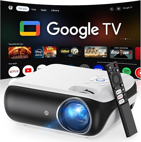 官方授权的 Google TV 智能投影仪,HAPPRUN 4K UHD 家庭影院带杜比声音,Wi-Fi 和蓝牙,内置流媒体应用程序,兼容游戏机和智能手机,室内和室外使用