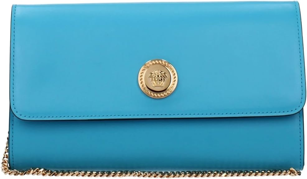 Versace Medusa 范思哲 Medusa 女式蓝色皮革手拿包 – 小号翻盖包,带标志性的 Medusa 五金配件