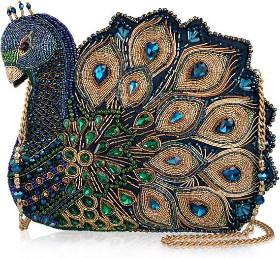 Mary Frances Show Off Crossbody Handbag – Removable Beaded Chain Strap, Magnetic Closure, Inside Slit Pocket, Blue & Green, Beaded Metallic Design, Compact & Versatile Purse