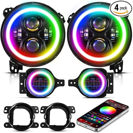 Auxbeam RGB LED 9 英寸(约 22.9 厘米)大灯 + 4 英寸(约 10.2 厘米)雾灯,蓝牙 APP 控制 DOT 批准大灯雾灯,带 DRL 转向信号,兼容 Jeep Wrangler JL JLU 2018-2024