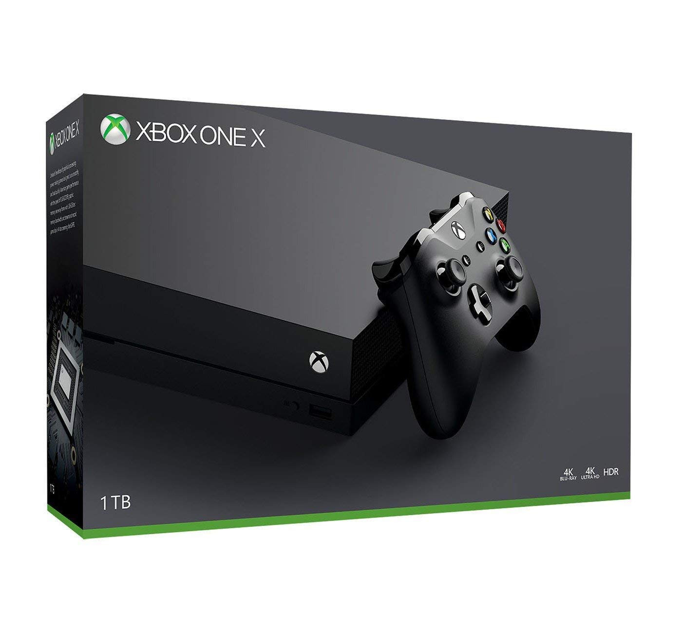 微软 Xbox One X 1TB 控制台，带无线控制器：Xbox One X 增强版 HDR，Native 4K，超高清（续航）, 黑色