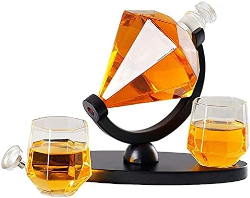 Diamond Whiskey Decanter with 4 Glasses and Wooden Base Whisky Decanter Whiskey Gift Set Scotch Rum Bourbon Vodka Whiskey Decanter and Glass Set Liquor Decanters