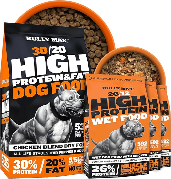 Bully Max 高蛋白质和脂肪干狗粮(40 磅袋) + 即时新鲜脱水湿粮配鸡肉(6 磅干,制作 16 磅湿粮) — 小狗和广告的终极肌肉和增重组合 ult 狗 狗 狗