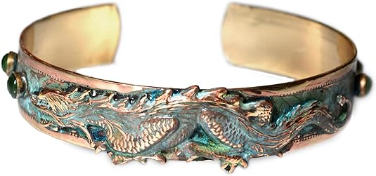 Elaine Coyne Collectible Artwear Verdigris Patina 黄铜龙窄袖口手链 - Neadelite Jade, 黄铜, 软玉