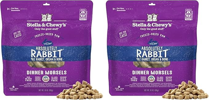Stella & Chewy's 冻干生猫晚餐 Morsels - 高级兔子食谱,含 98% 负责任来源的肉类和器官 - 天然无谷物猫和小猫食品 - 美国制造 - 18 盎司(2 件装)