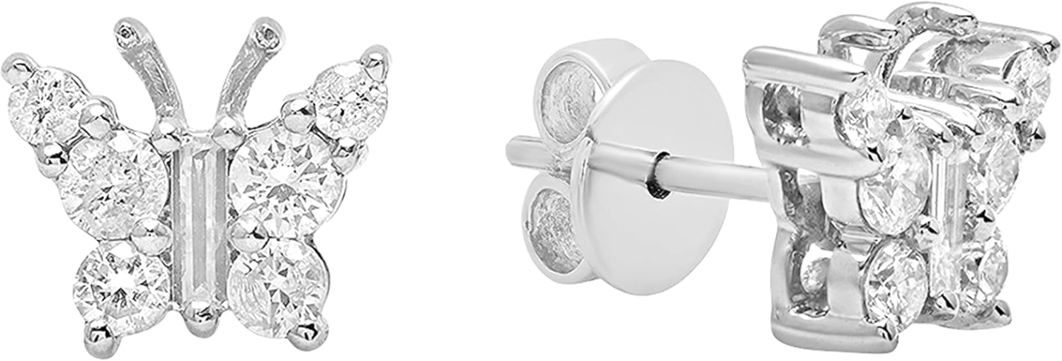 Dazzlingrock Collection 0.48 Ctw Baguette & Round White Natural Diamond Butterfly Stud Earrings for Women in 10K Real Solid Gold