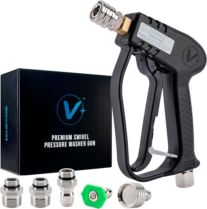 VIKING 高级旋转高压清洗枪,短手柄带 ¼ 英寸(约 4.5 厘米)快速连接燃气或电动高压清洗机,包括 3 个适配器和 2 个用于汽车清洁套件的喷嘴